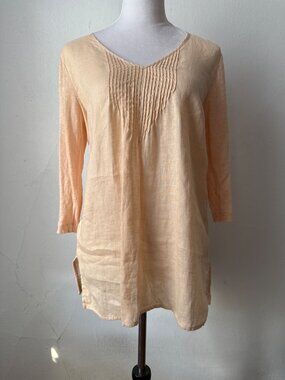 J. Jill Love Linen Peach-Colored V-Neck Tunic Top Pleated Blouse 3/4 Sleeve Sz S